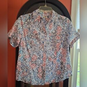 Allison Daley Petite Women's Sz 6P Cotton Geometric Prints Button Up Collar Top